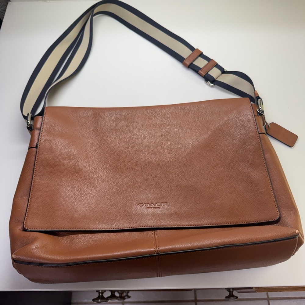 Coach Brown Leather Messenger Bag with Striped Strap - Picture 1 of 7